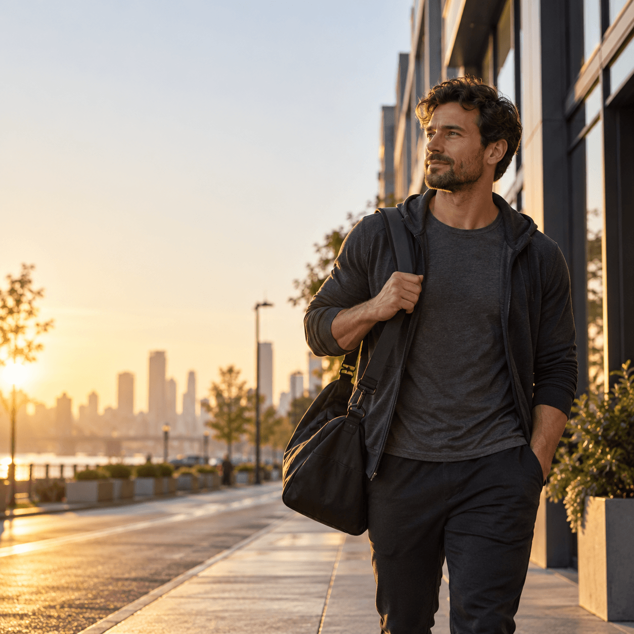 A man walking thoughtfully through a city street at sunset carrying a duffel bag